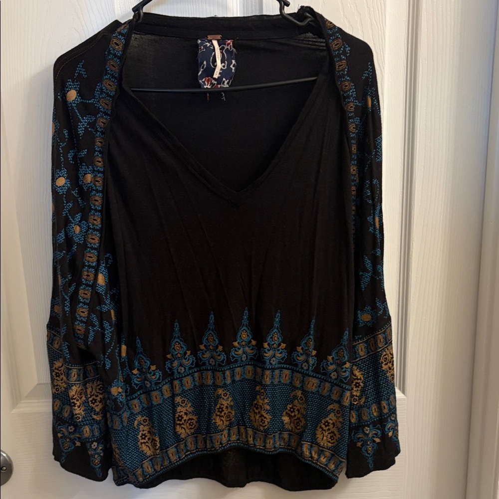 Free People Black and Blue Embroidered Blouse